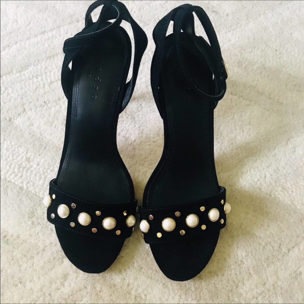 Sandro Nina Pearls Noir Black Suede Heels Size 7.5